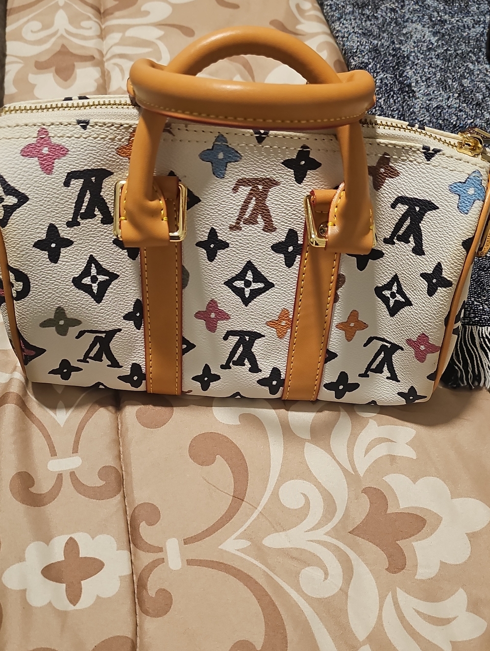 White Multicolor Monogram Satchel with Tan Trim